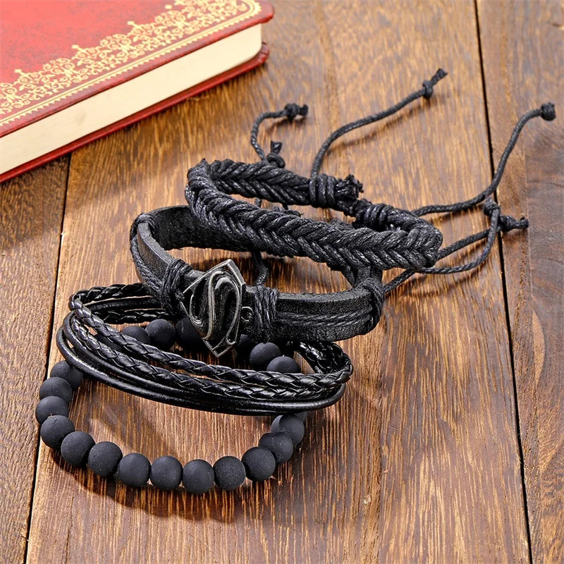Vintage Black Bead Triangle Leather Bracelet & Bangles Multi Layer Wide Wrap
