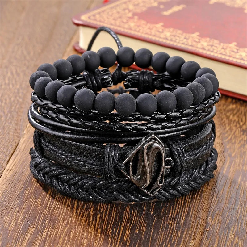 Vintage Black Bead Triangle Leather Bracelet & Bangles Multi Layer Wide Wrap