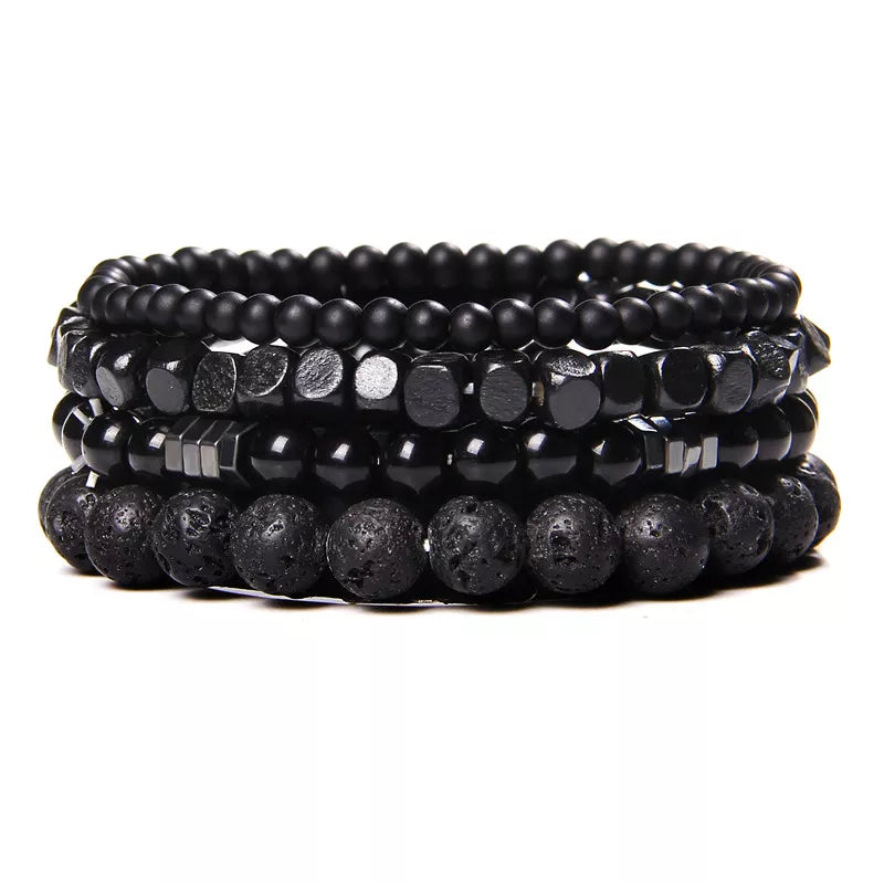 Natural Stone Beads Men Bracelet Multi-layer Black Lava Onyx Beads