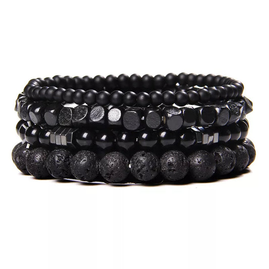 Natural Stone Beads Men Bracelet Multi-layer Black Lava Onyx Beads