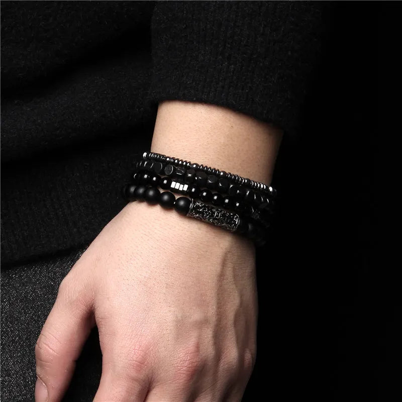 Vintage Men Natural Stone Agates Beads Lava Multi-layer Bracelet