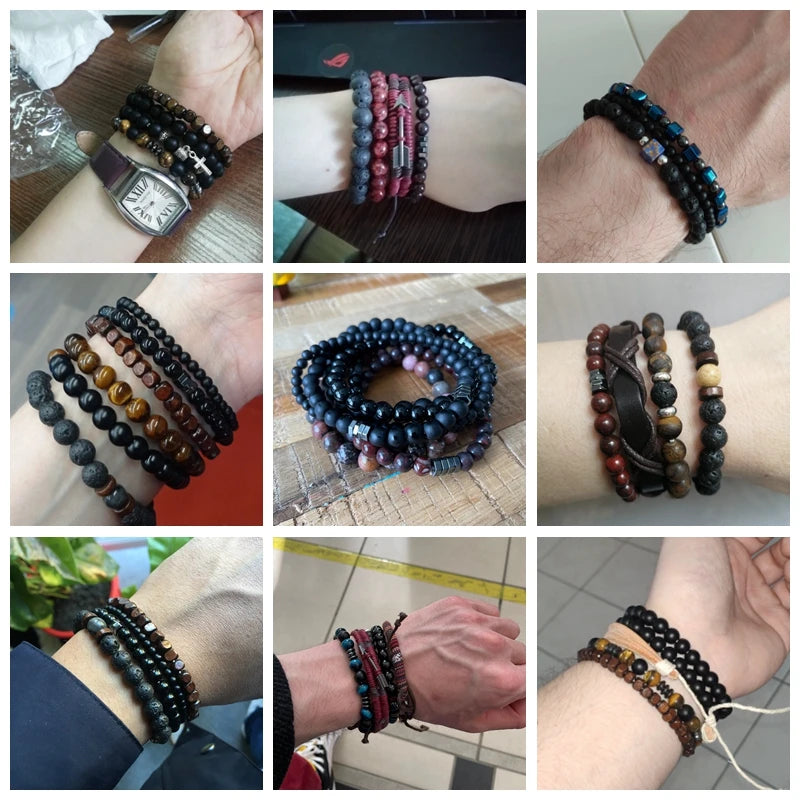 Vintage Men Natural Stone Agates Beads Lava Multi-layer Bracelet