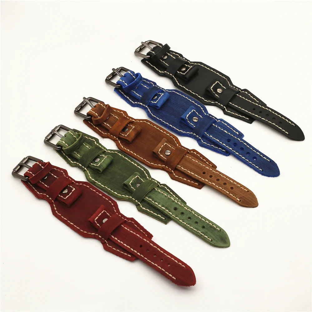 24mm Vintage Genuine Leather Watchband Handmade Stitched Pin Belt Strap