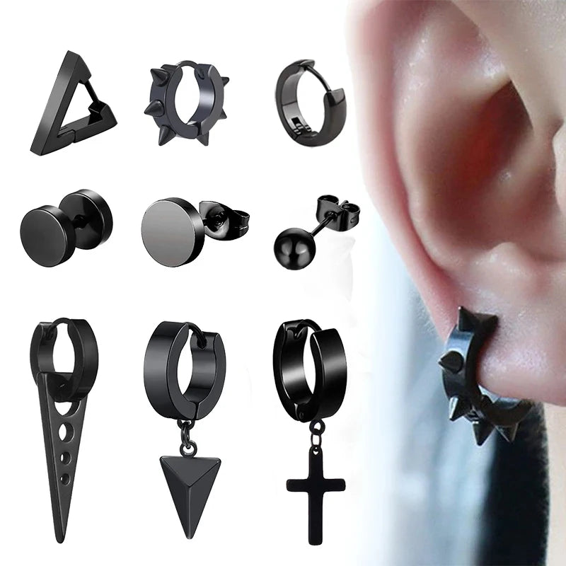 Black-Color Multiple Styles Stainless Steel Stud Earrings For Men