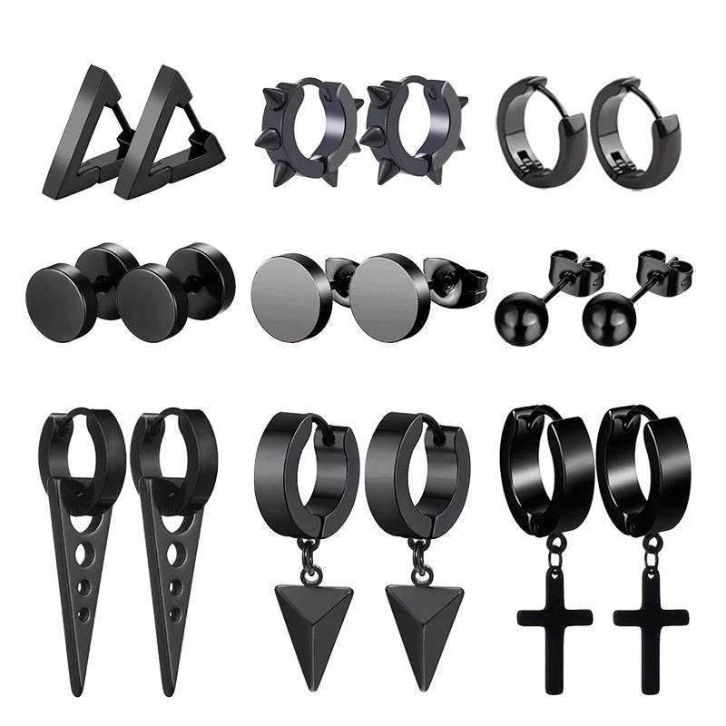 Black-Color Multiple Styles Stainless Steel Stud Earrings For Men