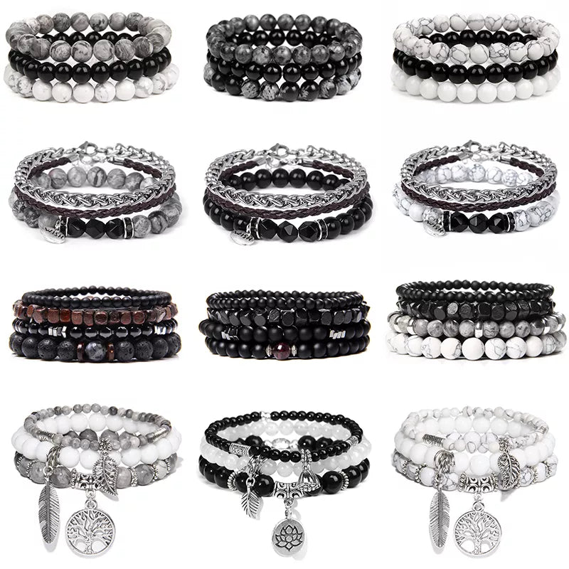 Vintage Men Natural Stone Agates Beads Lava Multi-layer Bracelet