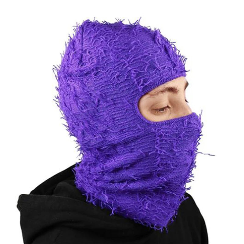 Distressed Knitted Full Face Camouflage Fuzzy Ski Mask
