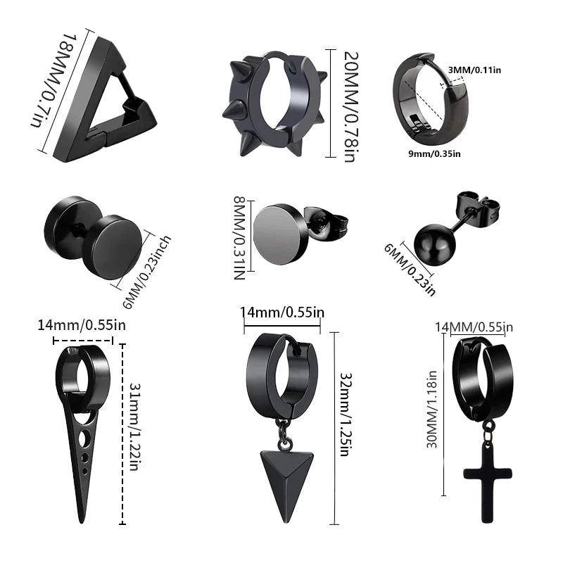 Black-Color Multiple Styles Stainless Steel Stud Earrings For Men