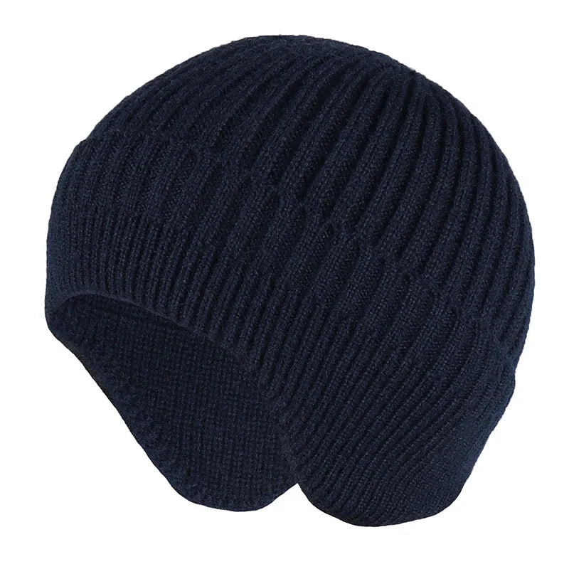 Solid Knitted Beanie Bomber Style Ribbed Hat