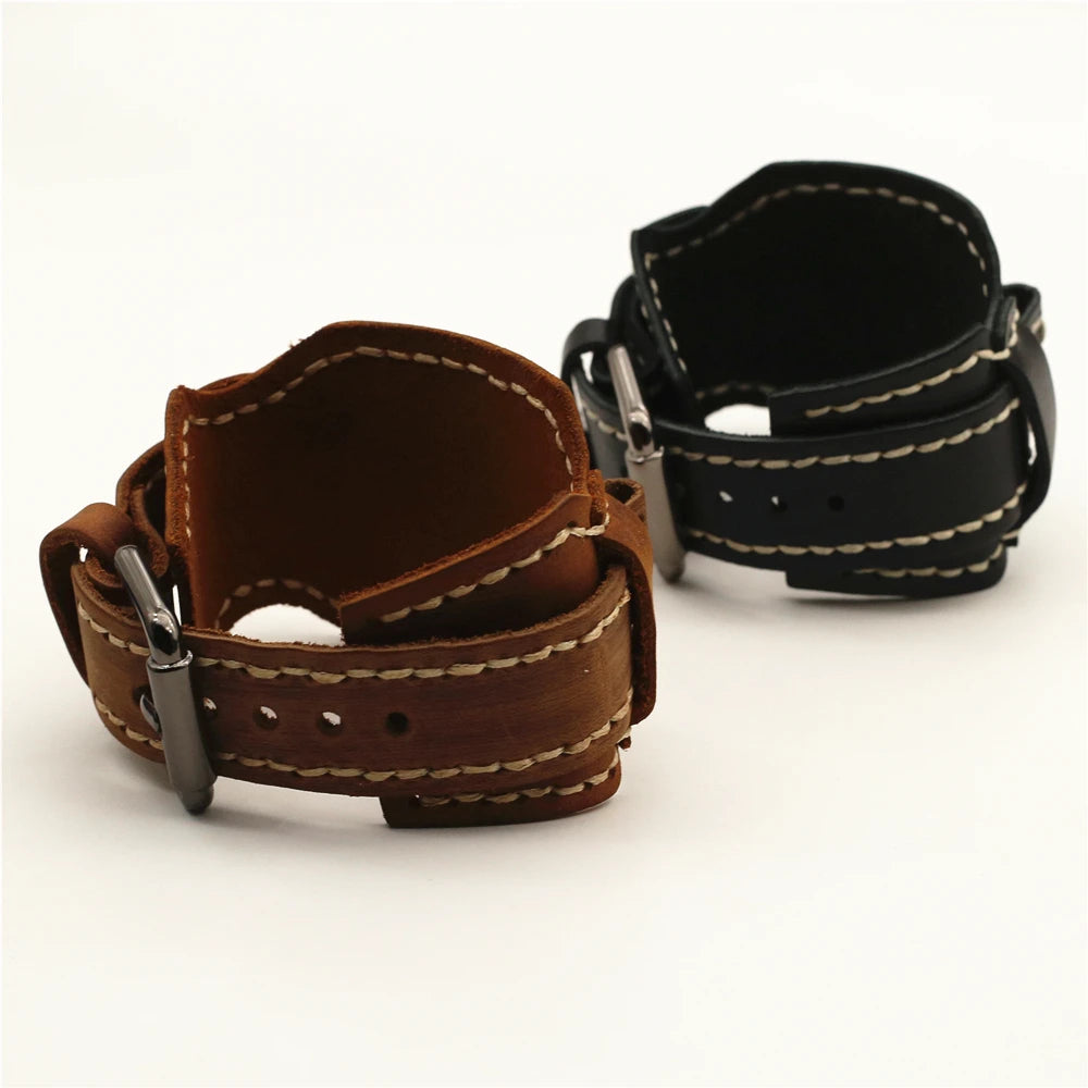 24mm Vintage Genuine Leather Watchband Handmade Stitched Pin Belt Strap