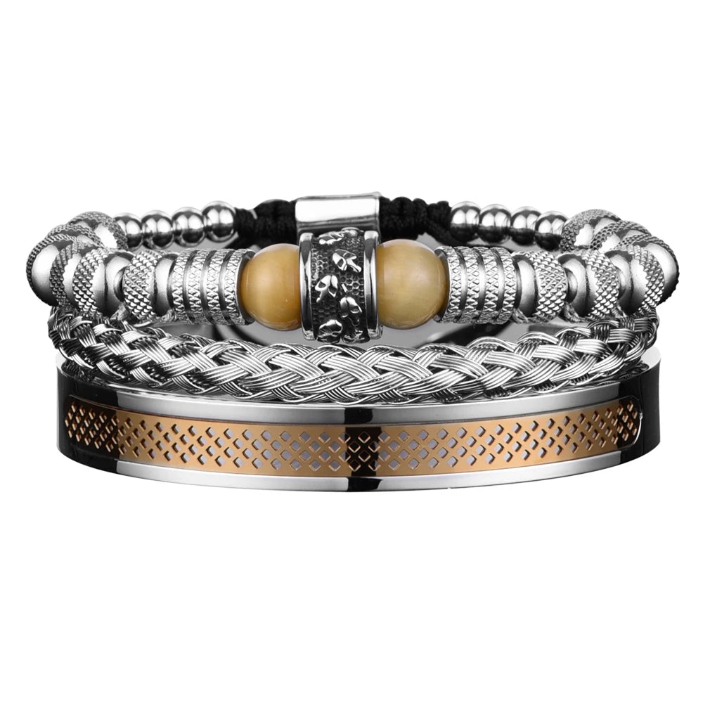 3pcs Men's Stainless Steel Handmade Rope Bangles, Skull & Tiger Eye Natural Stone