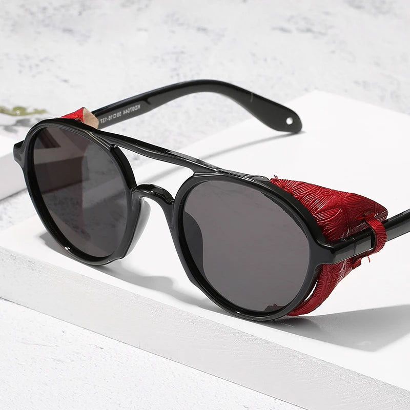Vintage Round Steampunk Sunglasses Retro With Leather Rivet Wrap