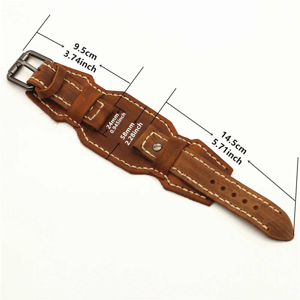 24mm Vintage Genuine Leather Watchband Handmade Stitched Pin Belt Strap