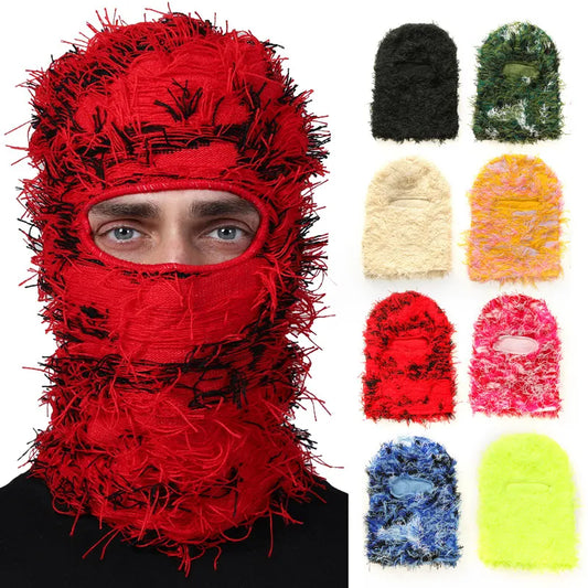 Distressed Knitted Full Face Camouflage Fuzzy Ski Mask