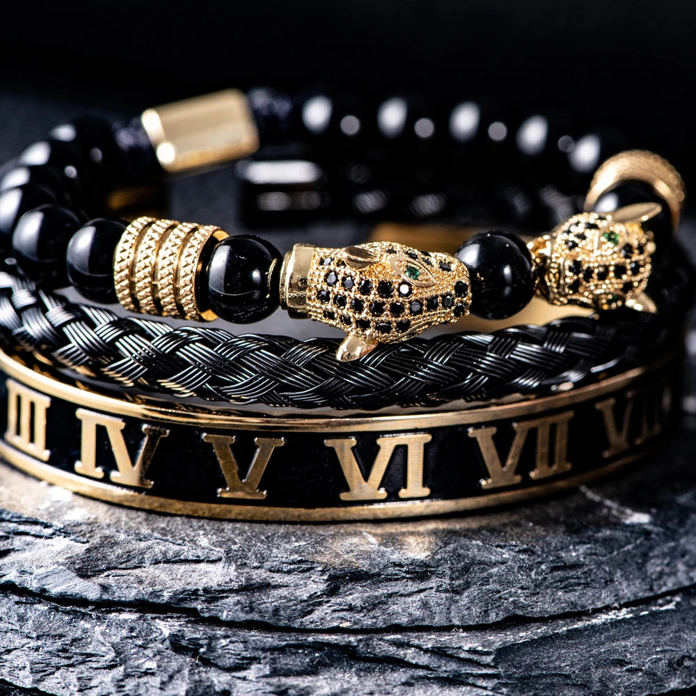 Handmade Luxury Men Double Leopard head, Roman Numeral Bangle, Rope Buckle, Stone Beads