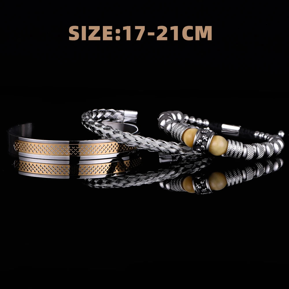 3pcs Men's Stainless Steel Handmade Rope Bangles, Skull & Tiger Eye Natural Stone