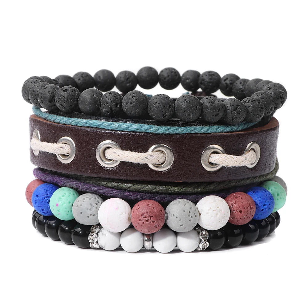 Vintage Multi layer Men Bracelet Natural Stone Lava Beads