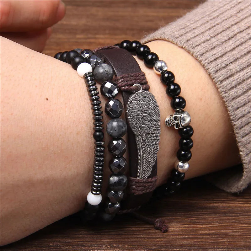 Vintage Multi layer Men Bracelet Natural Stone Lava Beads
