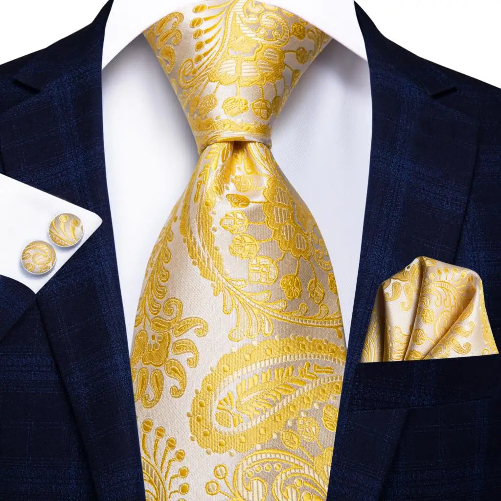 3 Piece Luxury Yellow Gold Plaid Paisley Silk Necktie Handkerchief/Pocket Square +Cufflinks