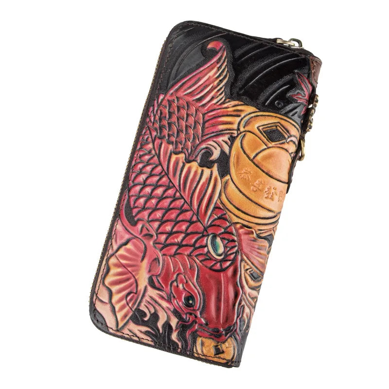 Luxury Vintage New Retro Handmade Embossed Genuine Leather Long Wallet