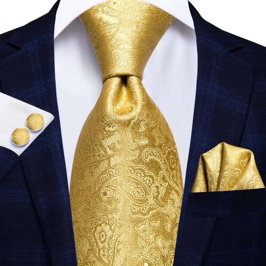 3 Piece Luxury Yellow Gold Plaid Paisley Silk Necktie Handkerchief/Pocket Square +Cufflinks