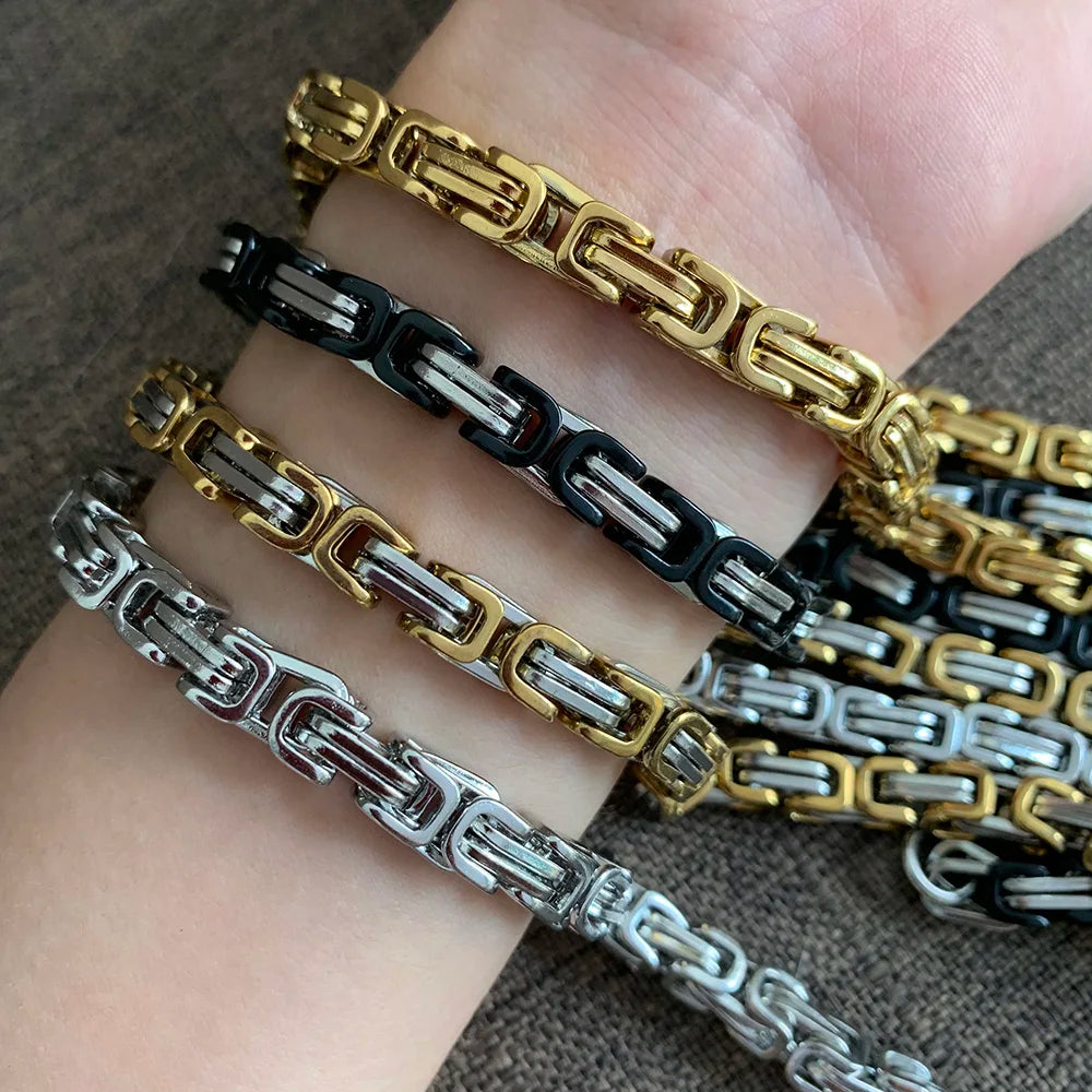 4MM 5MM 6MM 8MM Stainless Steel Byzantine Chains Necklaces & Bracelets Set