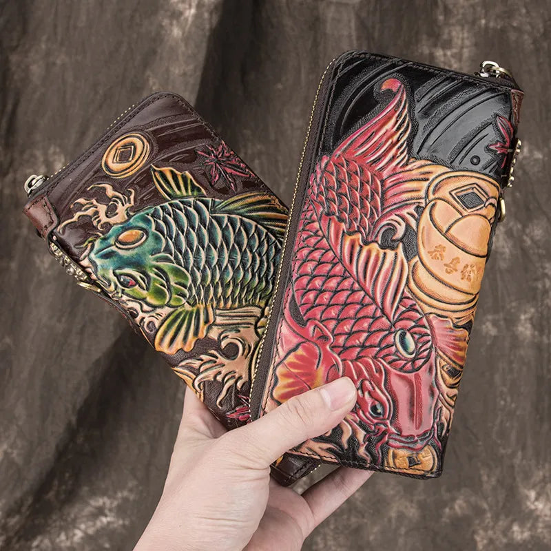 Luxury Vintage New Retro Handmade Embossed Genuine Leather Long Wallet