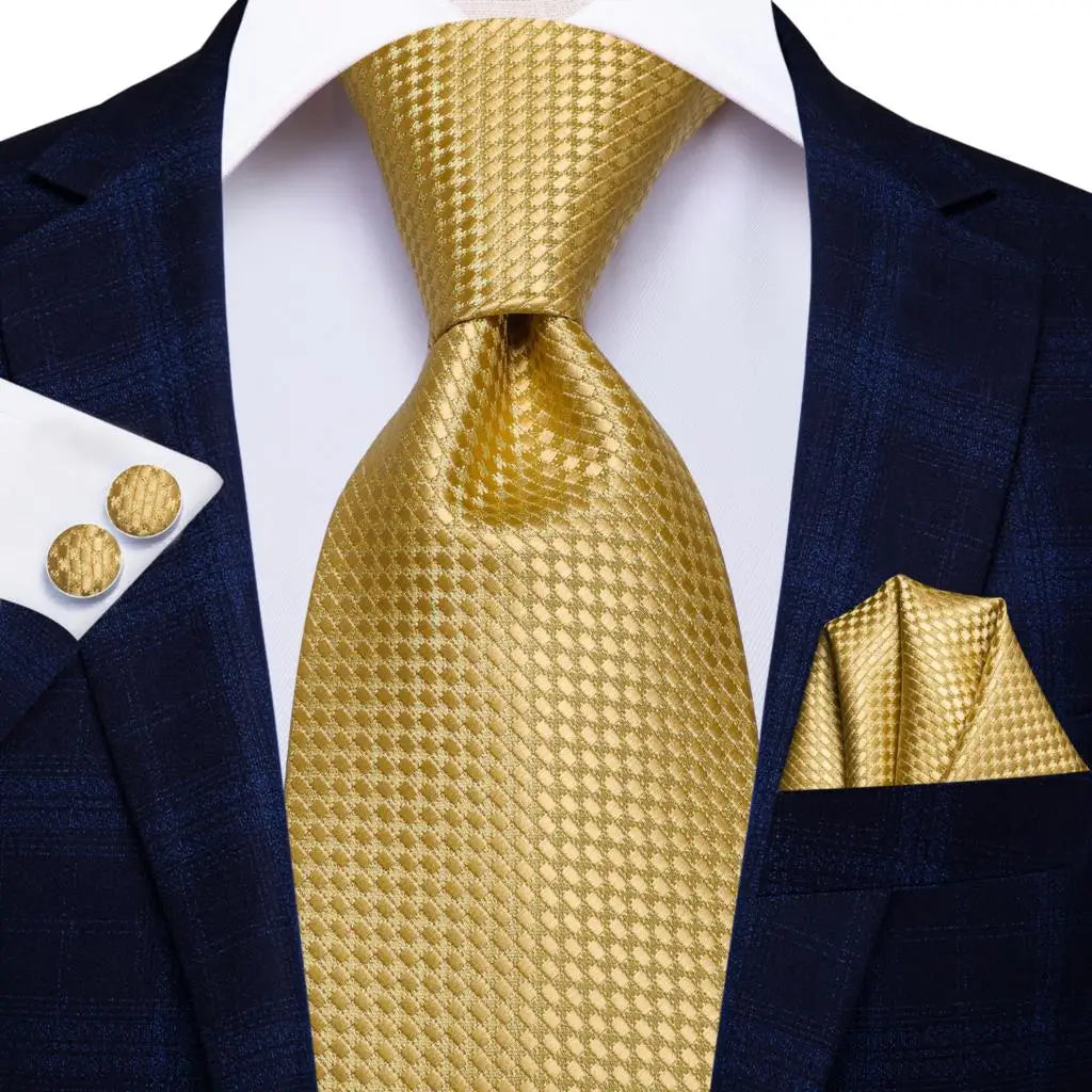 3 Piece Luxury Yellow Gold Plaid Paisley Silk Necktie Handkerchief/Pocket Square +Cufflinks