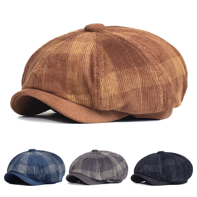 Vintage Plaid Corduroy Newsboy Cap