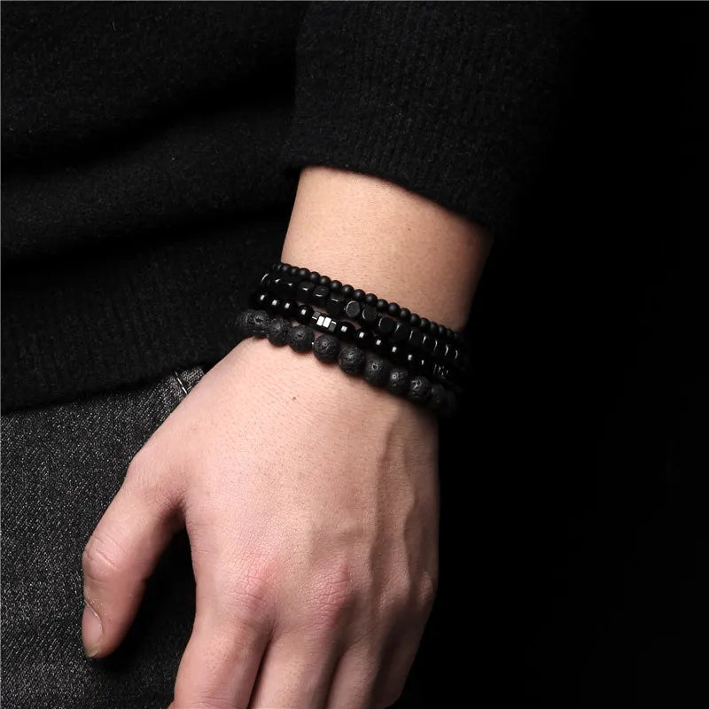 Natural Stone Beads Men Bracelet Multi-layer Black Lava Onyx Beads