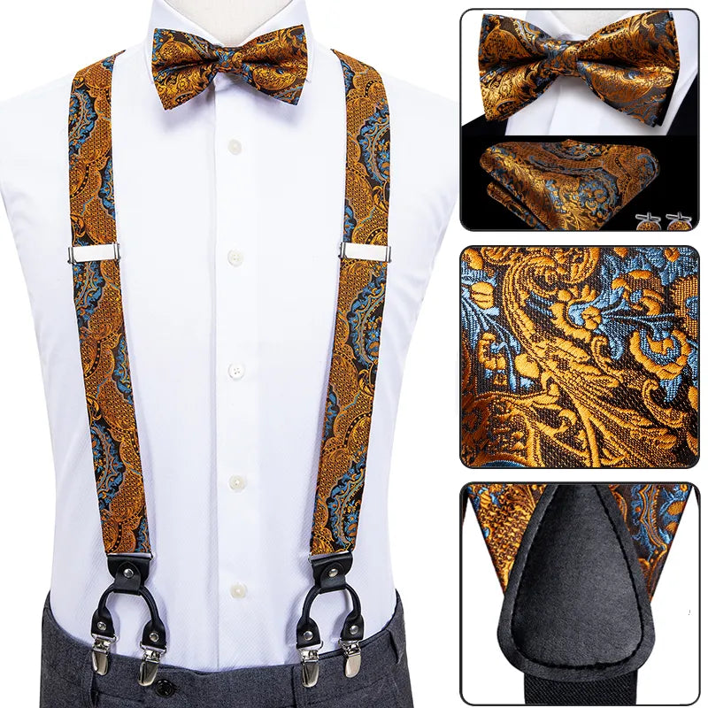 Luxury Silk Men's Suspender Metal 6 Clips Brace/Bow Tie/Hanky & Cufflinks Set