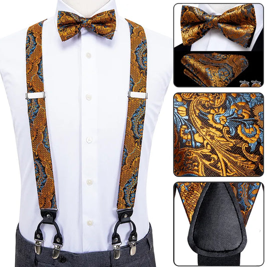 Luxury Silk Men's Suspender Metal 6 Clips Brace/Bow Tie/Hanky & Cufflinks Set
