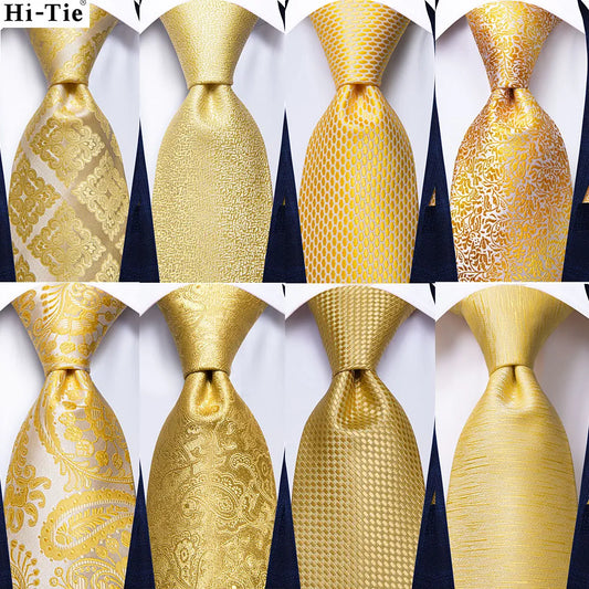 3 Piece Luxury Yellow Gold Plaid Paisley Silk Necktie Handkerchief/Pocket Square +Cufflinks