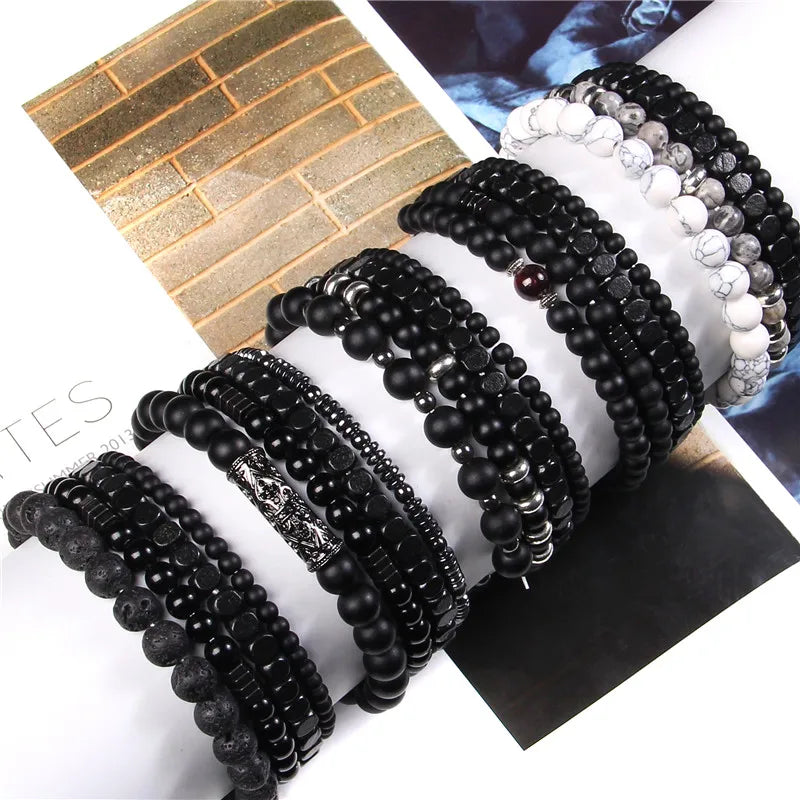 Natural Stone Beads Men Bracelet Multi-layer Black Lava Onyx Beads