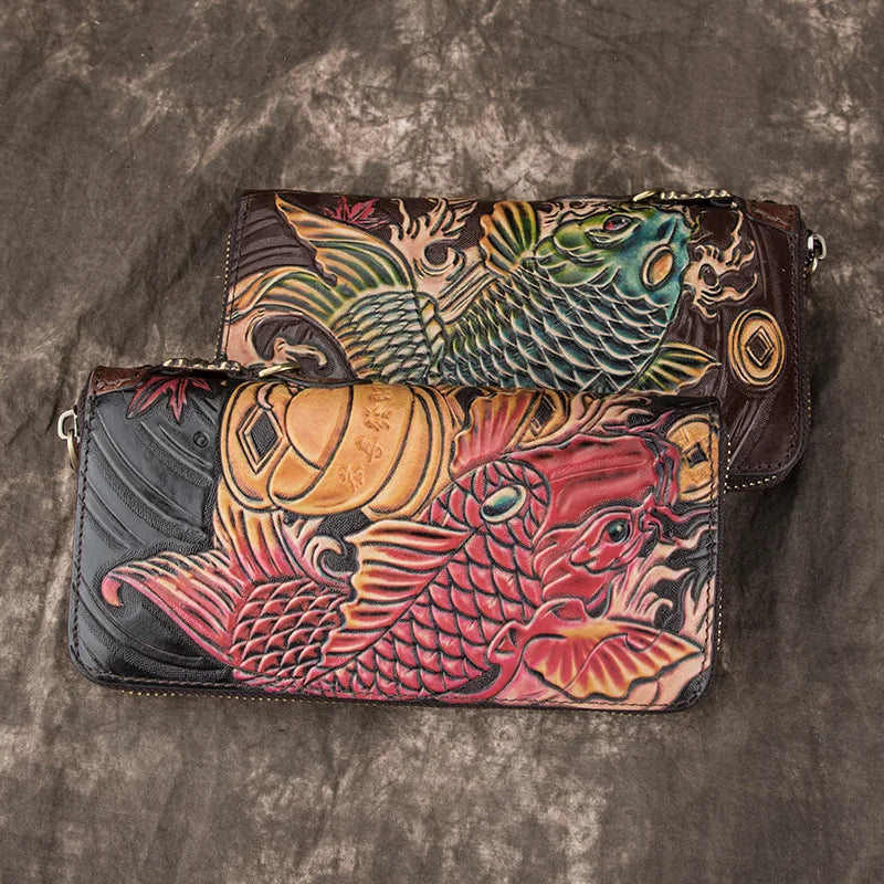 Luxury Vintage New Retro Handmade Embossed Genuine Leather Long Wallet