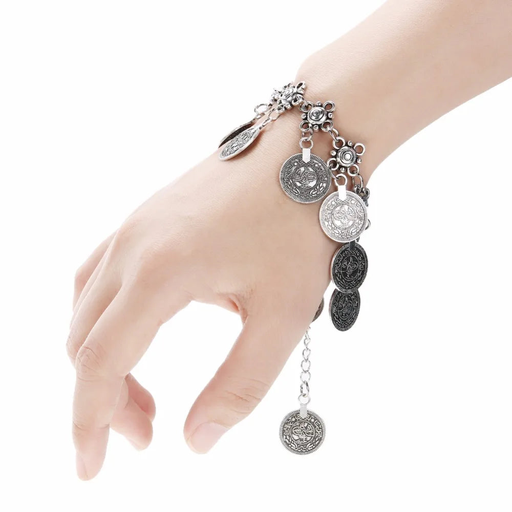 Metal Coin Long Chain Finger Pull Bracelet