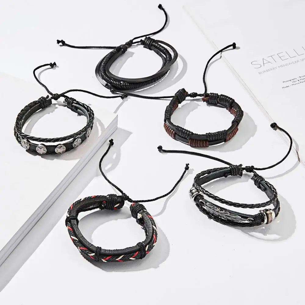 Men Bracelets Vintage Multilayer Leather Braid Bracelets