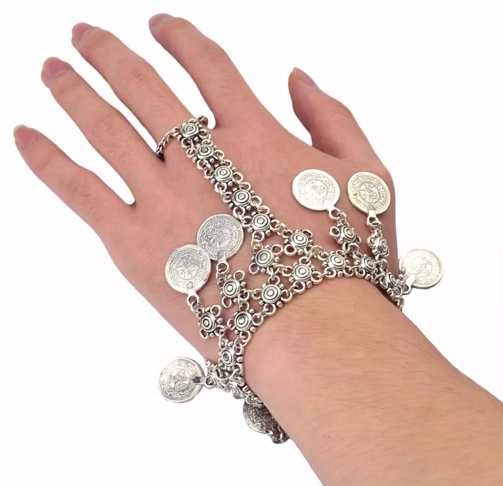 Metal Coin Long Chain Finger Pull Bracelet