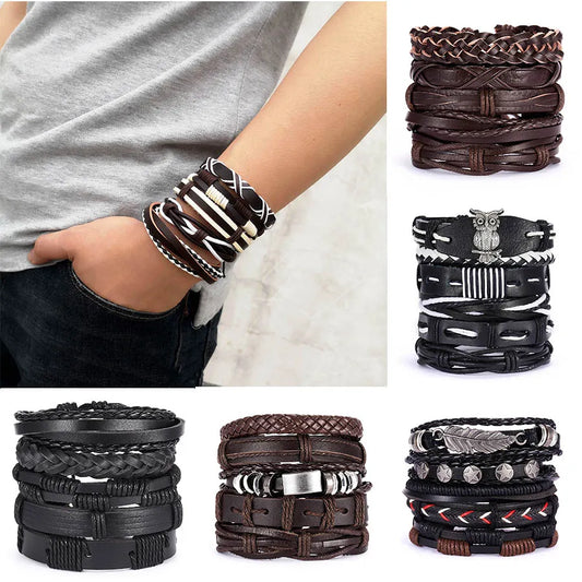 Men Bracelets Vintage Multilayer Leather Braid Bracelets