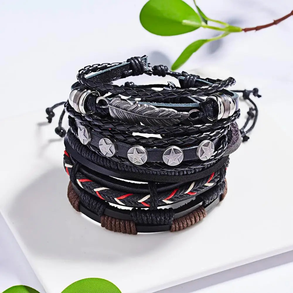 Men Bracelets Vintage Multilayer Leather Braid Bracelets