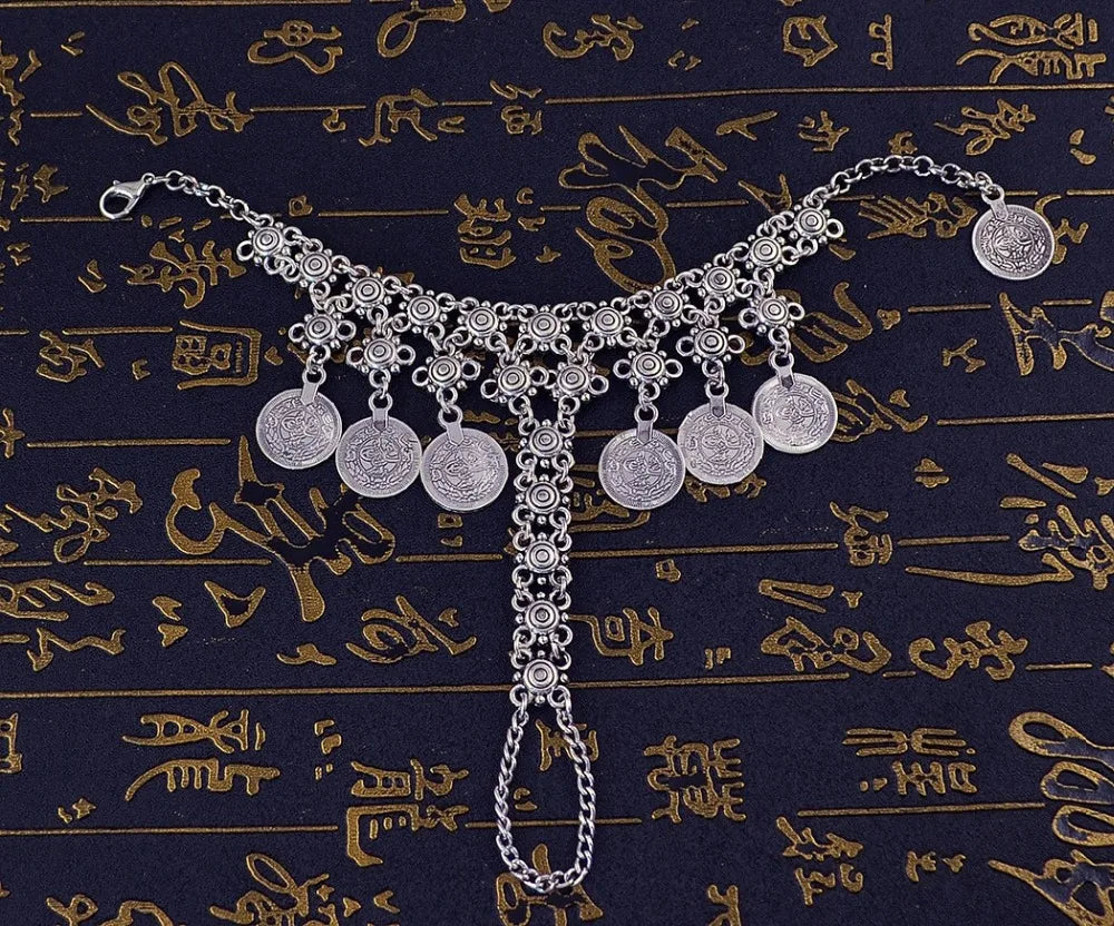 Metal Coin Long Chain Finger Pull Bracelet