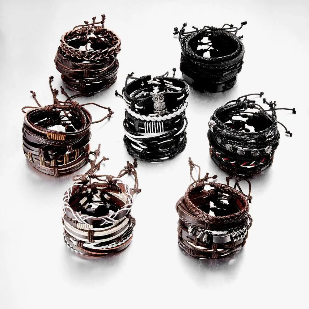 Men Bracelets Vintage Multilayer Leather Braid Bracelets