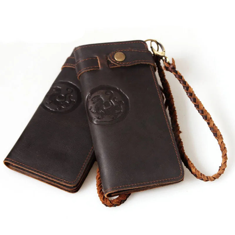 Retro crazy horse leather handmade male long designer Casual Chain wallet