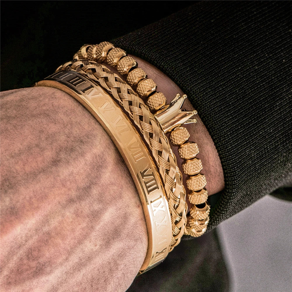 Luxury Roman Royal Crown Charm Stainless Steel Geometry Pulseiras Men Adjustable Bracelets