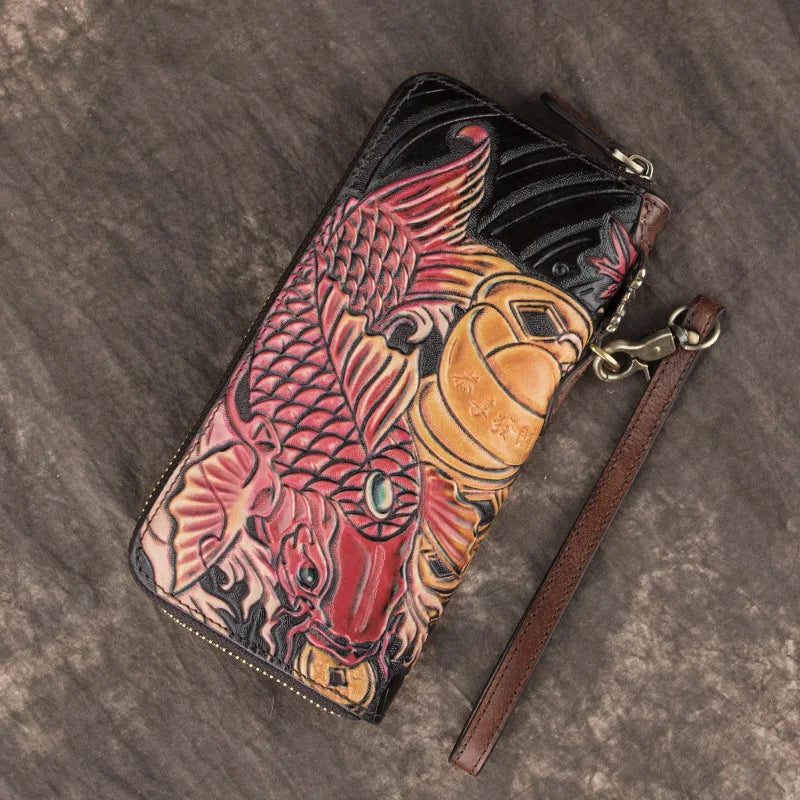 Luxury Vintage New Retro Handmade Embossed Genuine Leather Long Wallet