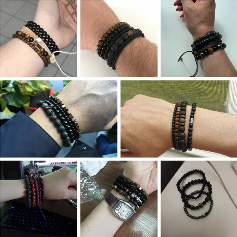 Natural Stone Beads Men Bracelet Multi-layer Black Lava Onyx Beads