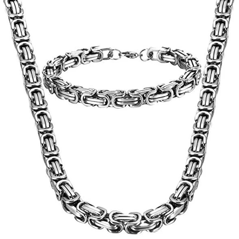 4MM 5MM 6MM 8MM Stainless Steel Byzantine Chains Necklaces & Bracelets Set
