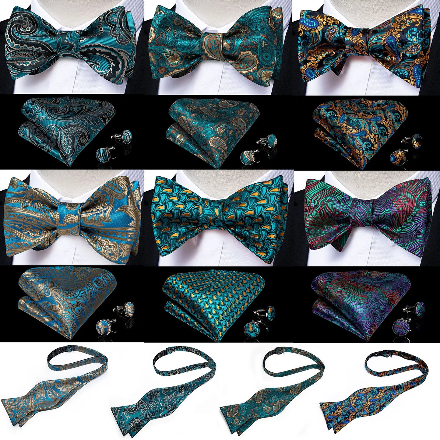 3 Piece Brand New Men's Bow Tie Teal Green Blue Paisley Floral Silk Bow Tie