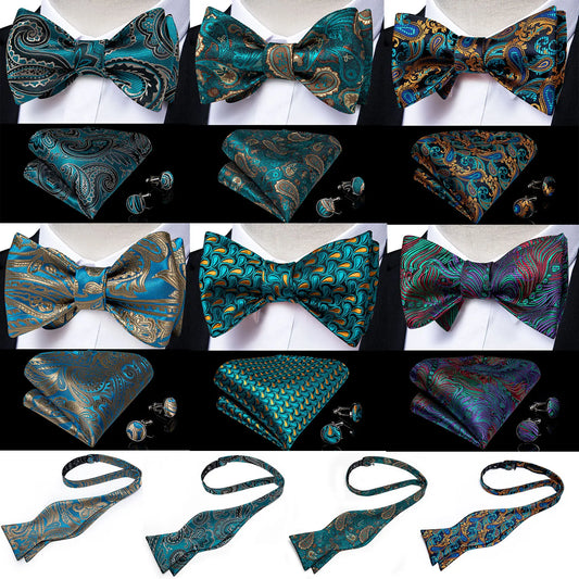 3 Piece Brand New Men's Bow Tie Teal Green Blue Paisley Floral Silk Bow Tie