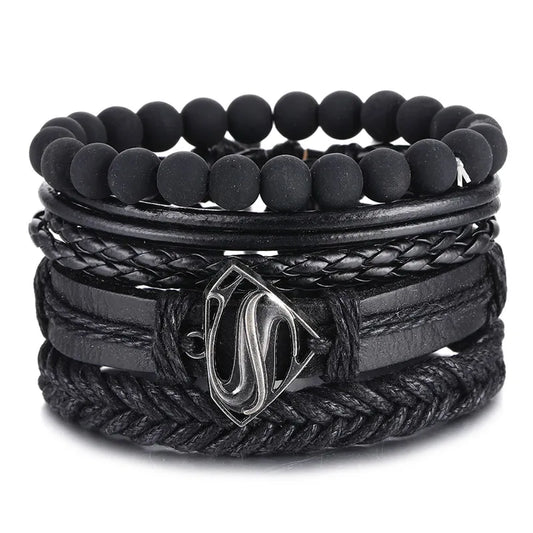 Vintage Black Bead Triangle Leather Bracelet & Bangles Multi Layer Wide Wrap